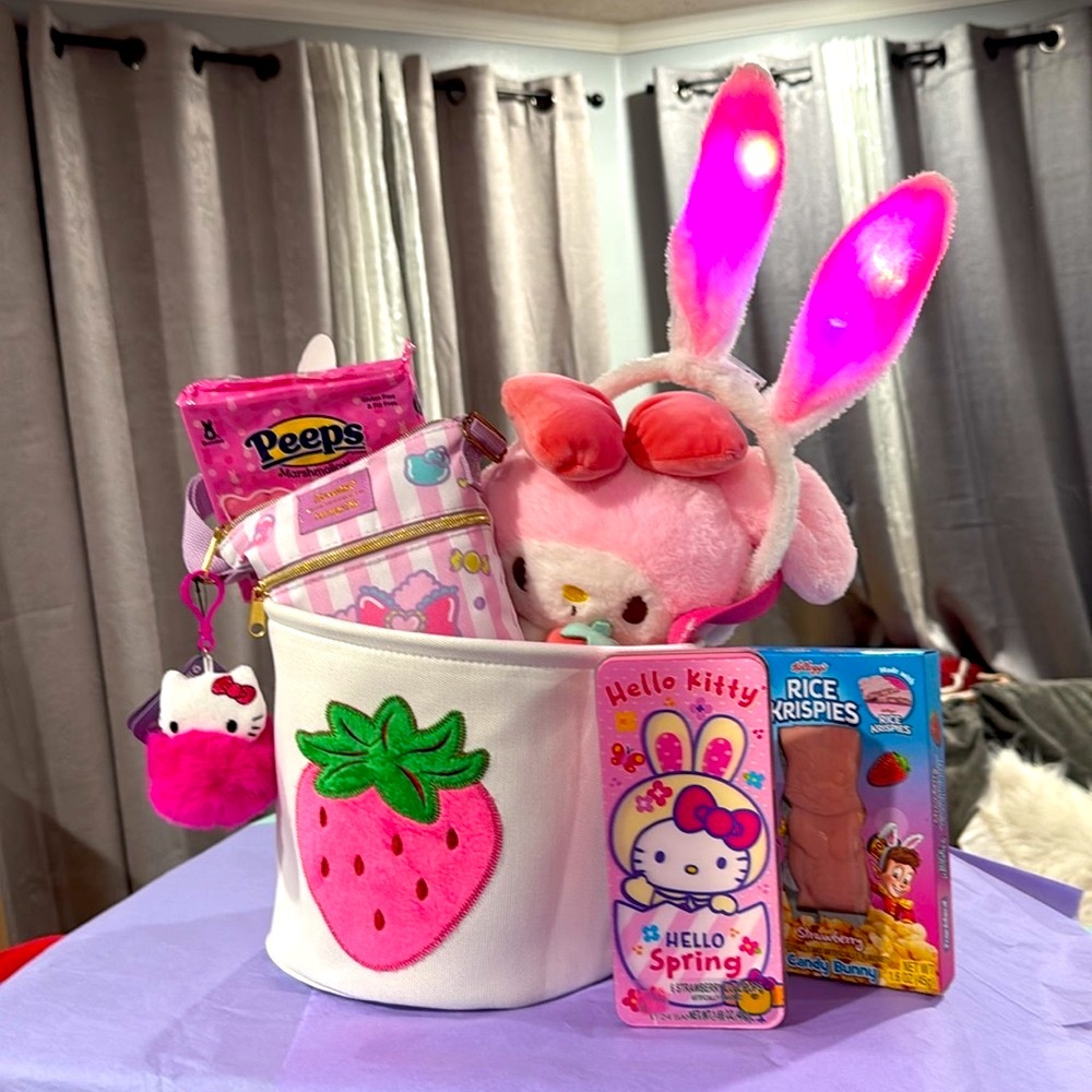 Strawberry Embroidered White and Pink Hello Kitty Easter Basket with Loungefly